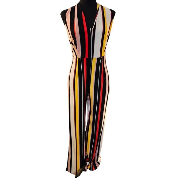 Striped Halter Neck Jumpsuit With Tie Back & Back Zipper Sexy and Causal Size M - Picture 1 of 5